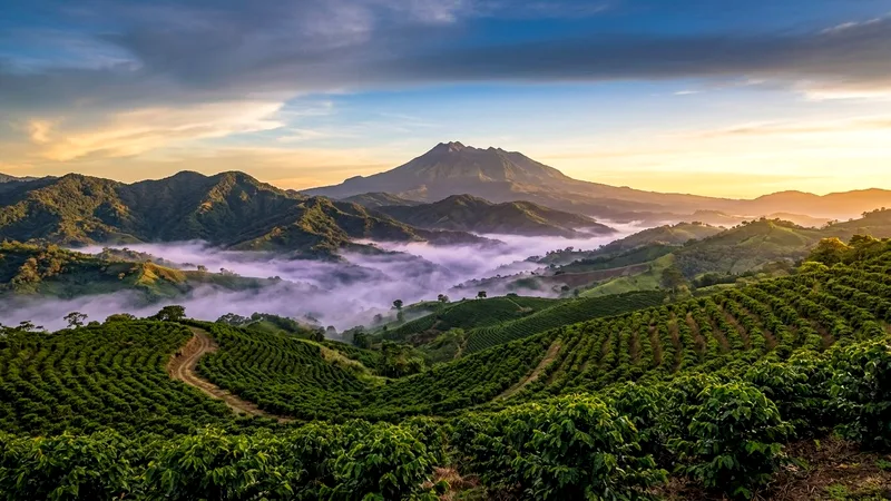 Coffee plantation hills near Boquete with Barú Volcano rising through morning mist.